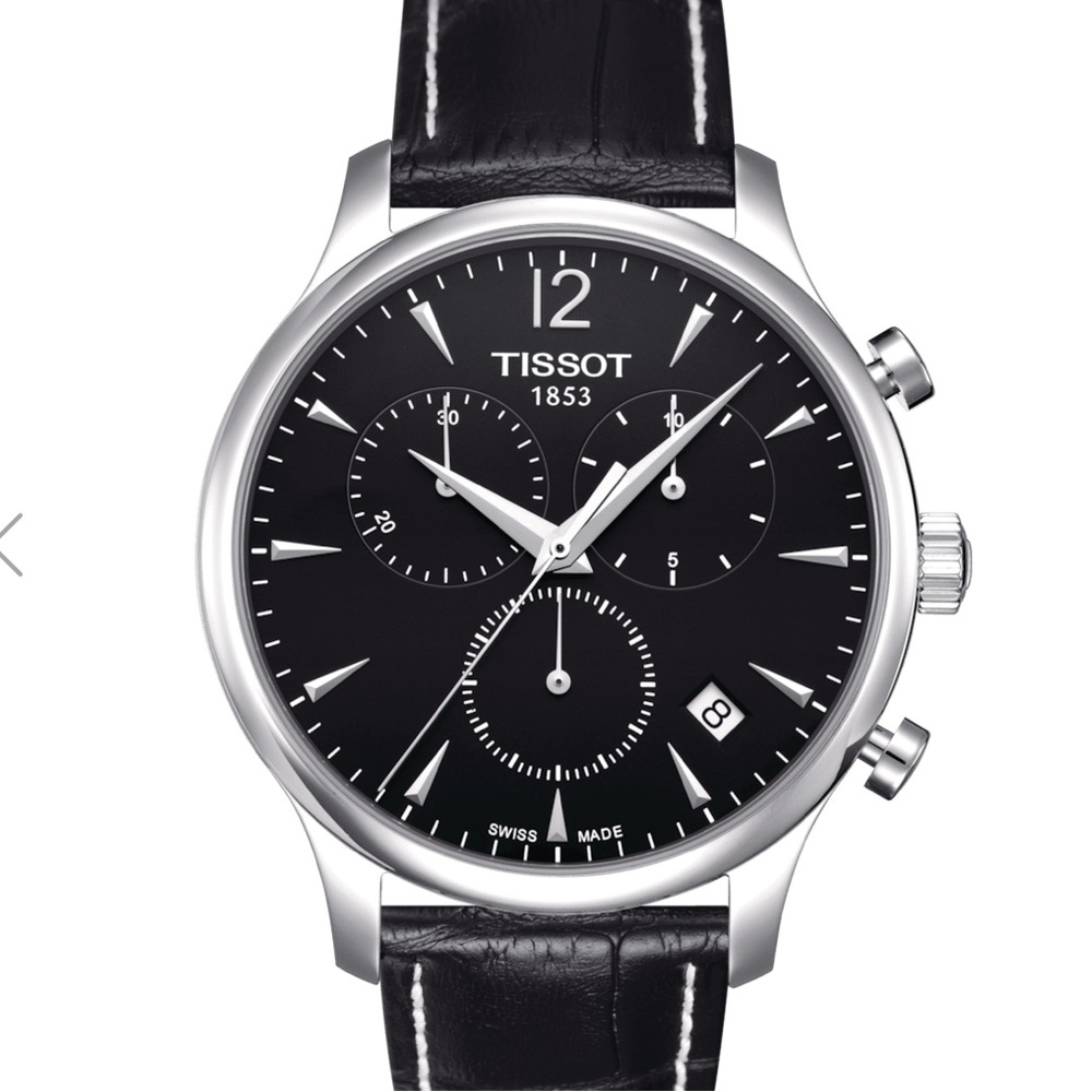 Tissot Tradition Chronograph Black Dial Black Leather Strap Watch For Men